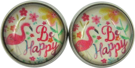 Summerfield Collection Stainless Steel Be Happy Flamingo Print Glass 12mm Stud Earrings