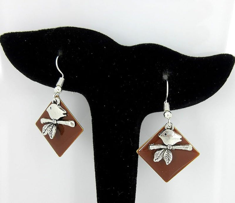 Summerfield Collection Silver-tone Brown Enamel Bird Charm Dangle Earrings