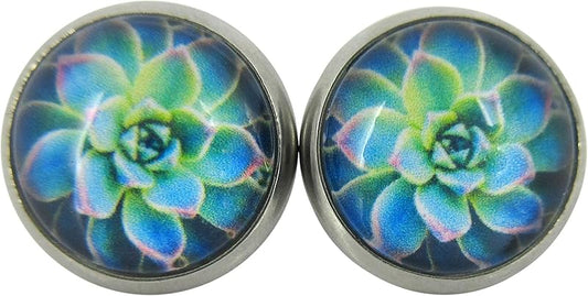 Summerfield Collection Stainless Steel Succulent Plant Print Glass Stud Earrings 12mm (Blue/Green)