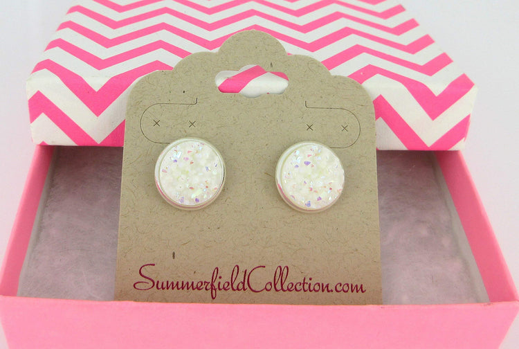 Silver-tone Solid AB Faux Druzy Stone Stud Earrings 12mm (White)