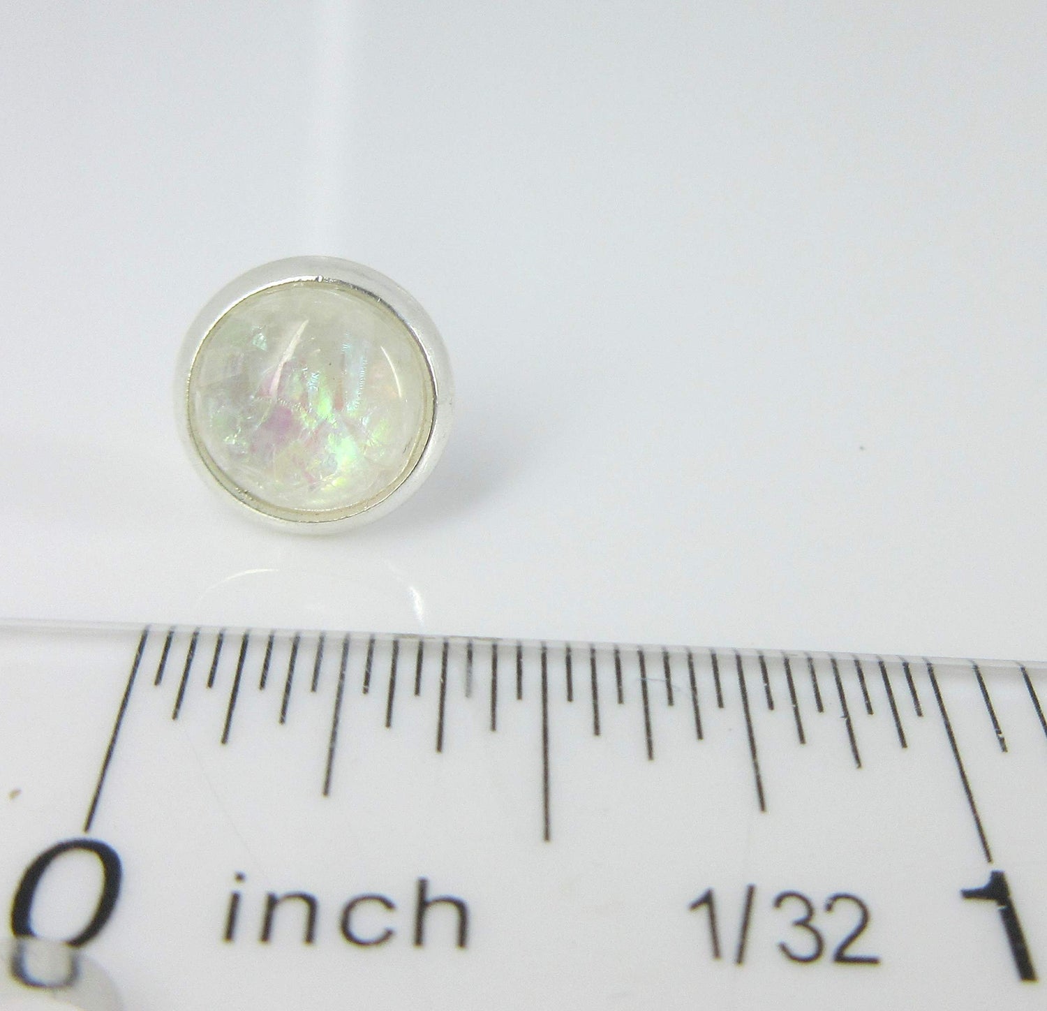 Shiny Silver-tone White and Opalescent Leaf Resin Stud Earrings 8mm