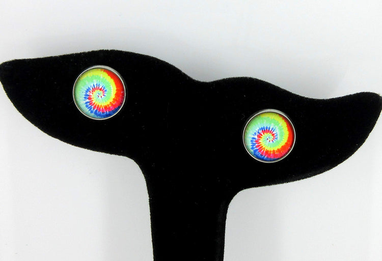 Stainless Steel Tie Dye Print Glass Stud Earrings 12mm (Aqua/Royal Swirl)