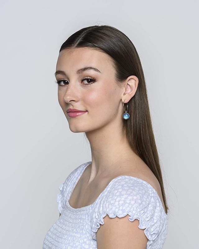 Summerfield Collection Stainless Steel Blue Green Glitter Glass Charm Hoop Earrings Hand-painted 1"