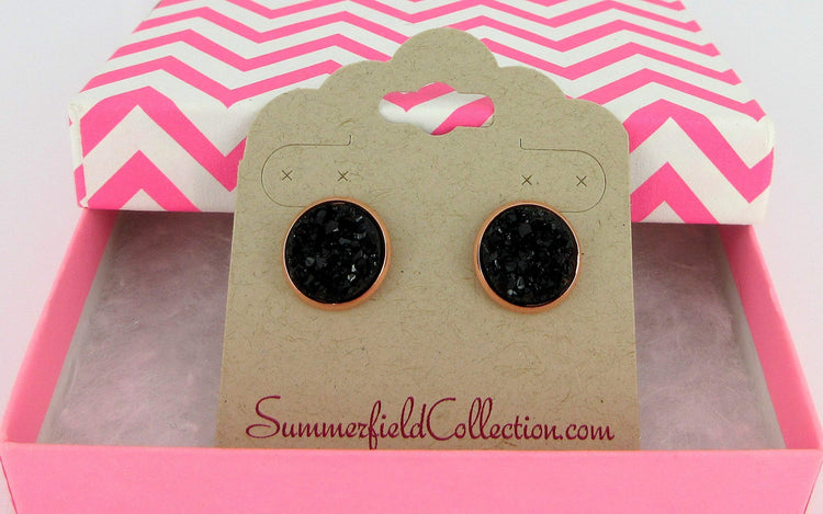 Rose Gold-tone Faux Druzy Stone Stud Earrings 12mm (Black)