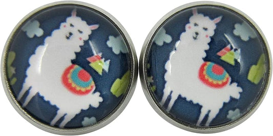 Summerfield Collection Stainless Steel Llama Print Glass Stud Earrings 12mm (Navy Blue)