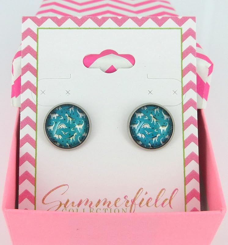 Summerfield Collection Stainless Steel Dinosaur Print Glass Stud Earrings 12mm Teal and White