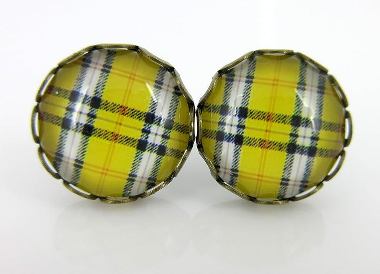 Summerfield Collection Antiqued Gold-tone Trio Plaid Print Glass Stud Earrings 12mm Set