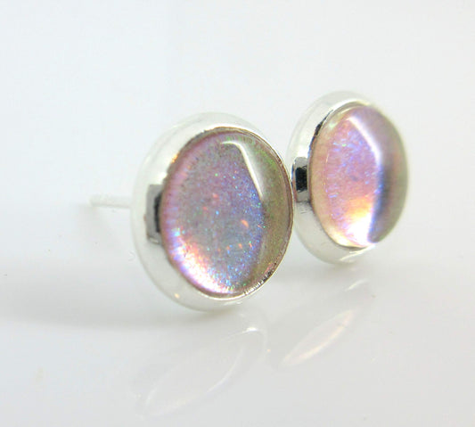 Silver-tone Nude Pink Color Shift Glitter Glass Stud Earrings Hand-painted 8mm