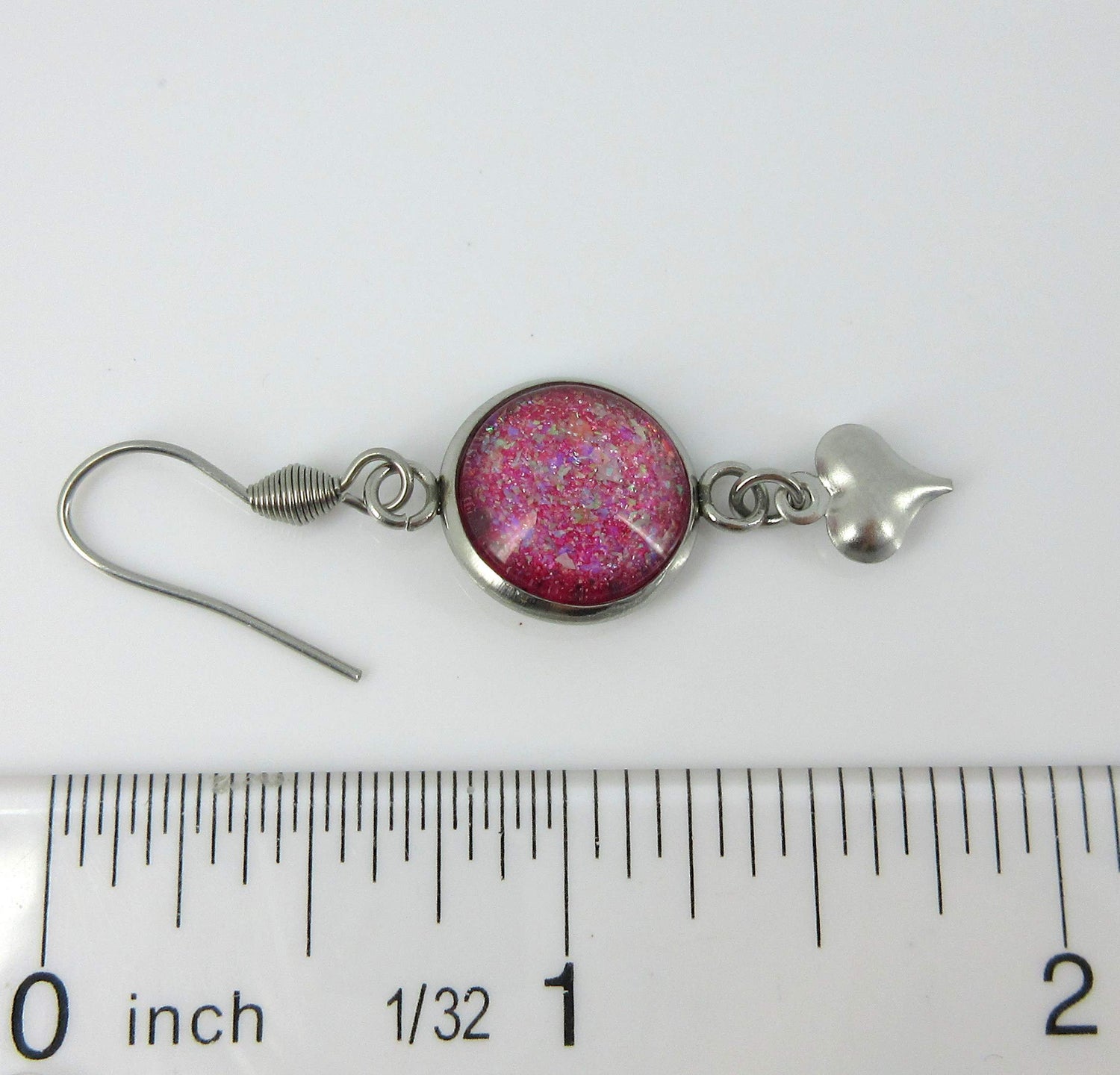 Stainless Steel Pink and Iridescent Glitter Flake Glass Heart Charm Dangle Earrings