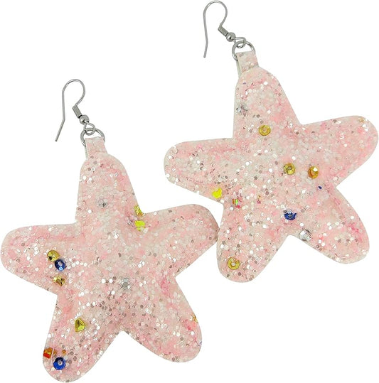 Summerfield Collection Stainless Steel Pastel Glitter Faux Leather Large Puffy Star Dangle Earrings (Light Pink)