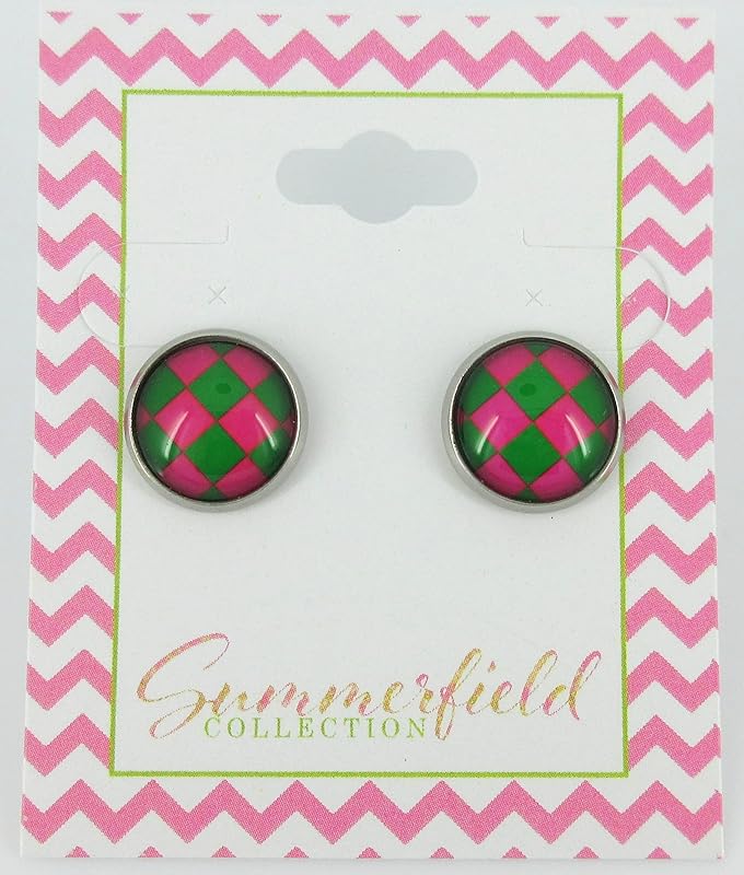 Summerfield Collection Stainless Steel Checkerboard Print Glass Stud Earrings 12mm (Pink and Green)