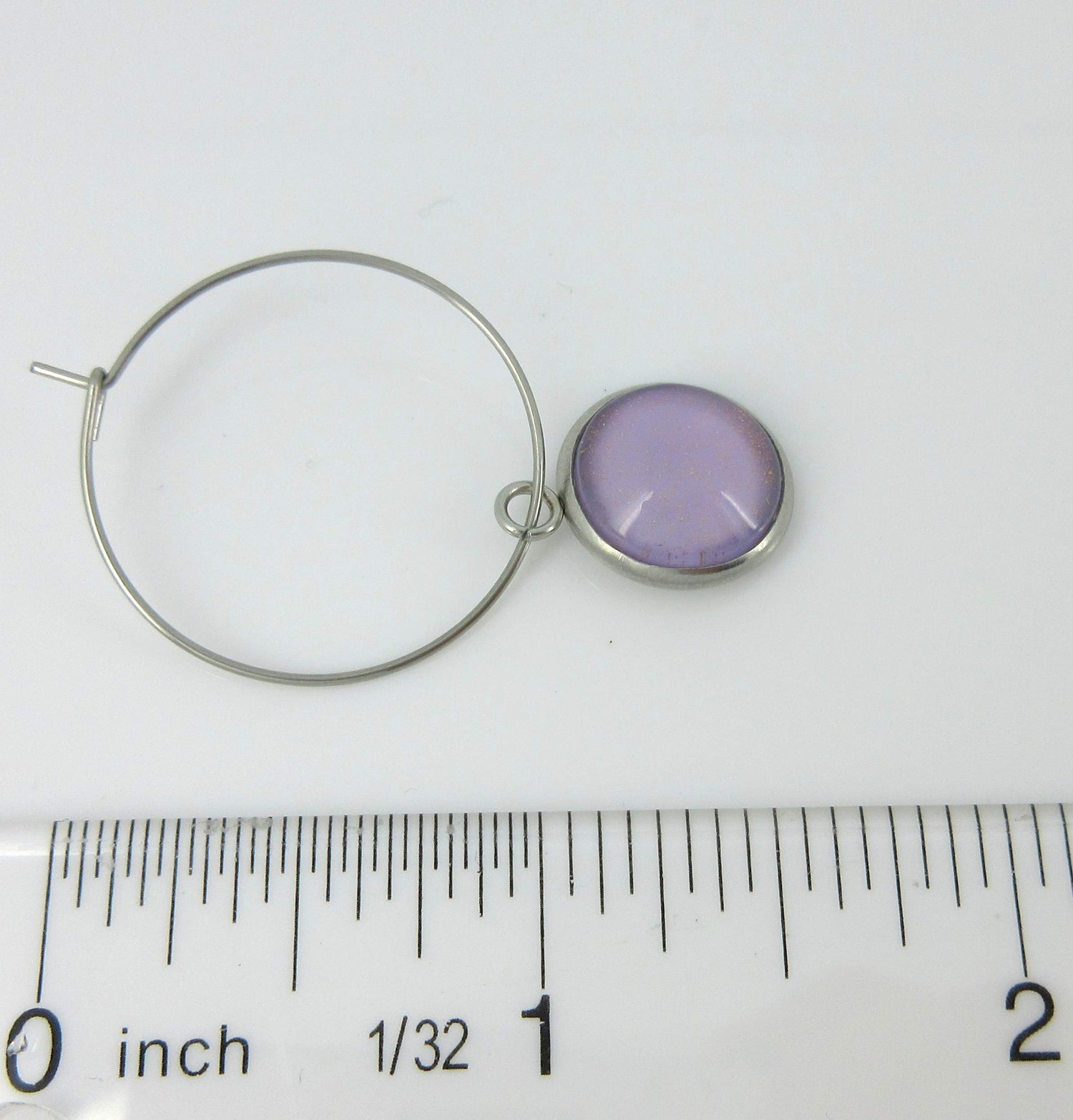 Stainless Steel Lavender Purple Glass Charm Hoop Earrings Hand-painted 1"