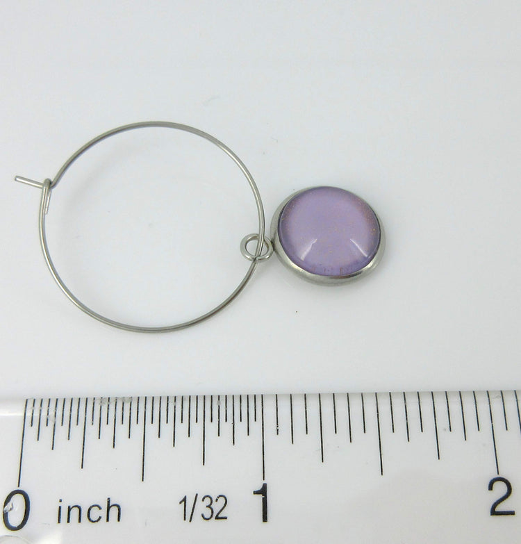 Stainless Steel Lavender Purple Glass Charm Hoop Earrings Hand-painted 1"