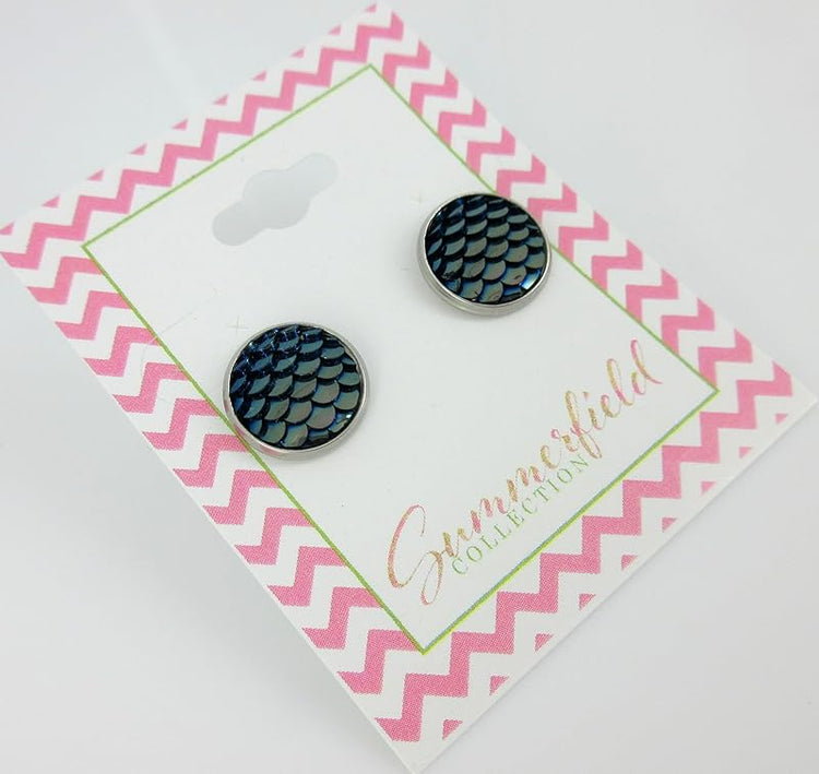 Summerfield Collection Stainless Steel Metallic Dragon Mermaid Scale Stud Earrings 12mm (Dark Gray Blue)