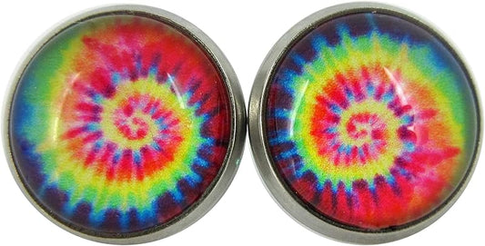 Summerfield Collection Stainless Steel Tie Dye Print Glass Stud Earrings 12mm (Purple/Red Swirl)