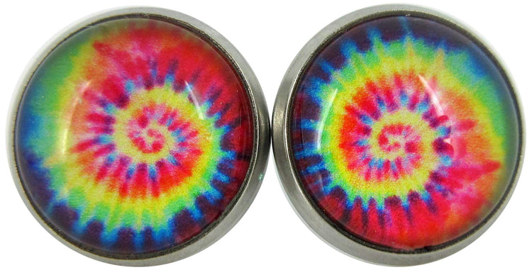 Stainless Steel Tie Dye Print Glass Stud Earrings 12mm (Purple/Red Swirl)