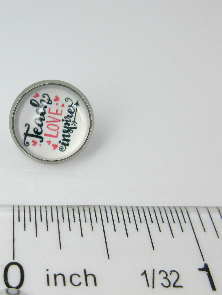 Stainless Steel Teacher Print Glass Stud Earrings 12mm (Teach Love Inspire)