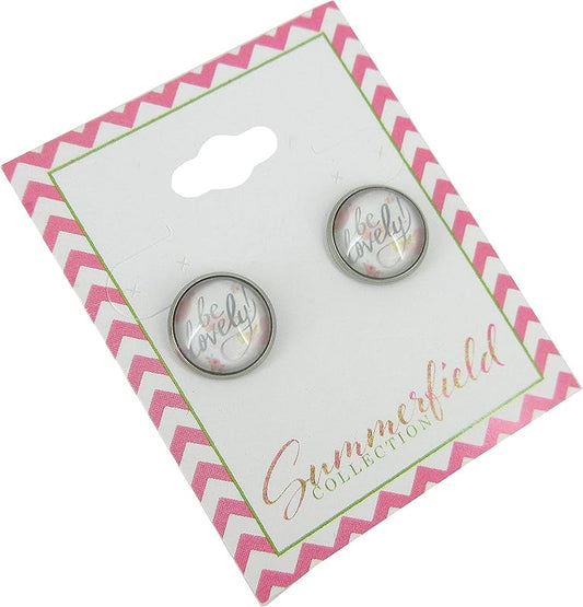 Summerfield Collection Stainless Steel Be Lovely Print Glass Stud Earrings 12mm