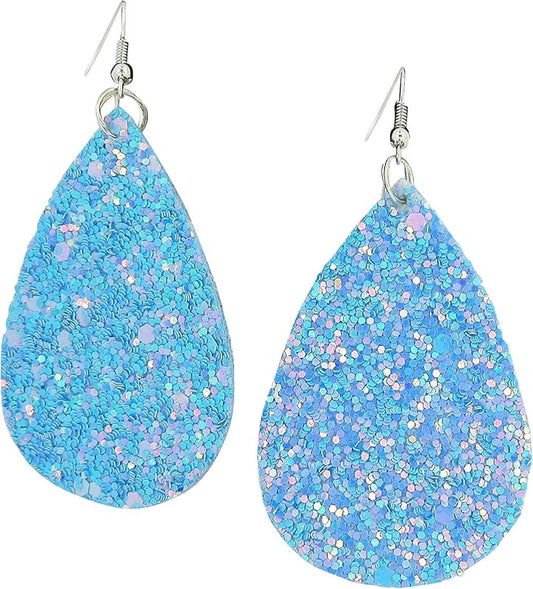 Summerfield Collection Silver-tone Glitter Faux Leather Large Teardrop Dangle Earrings (Sky Blue AB)