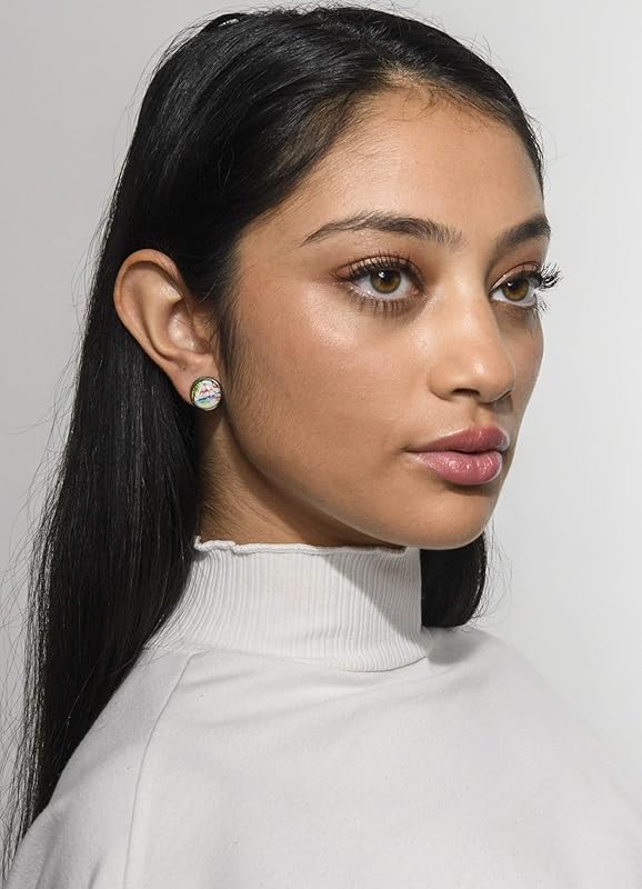 Summerfield Collection Duo Stud Earrings Stainless Steel Sweet Mint Green Faux Druzy Stone and Flamingo Print Glass 12mm Set