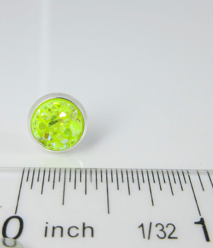 Silver-tone Neon Yellow AB Faux Druzy Stone Stud Earrings