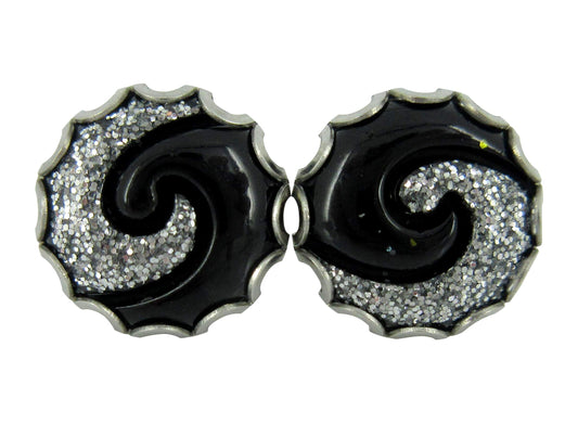 Stainless Steel Black and Silver Glitter Swirl Resin Stud Earrings 12mm