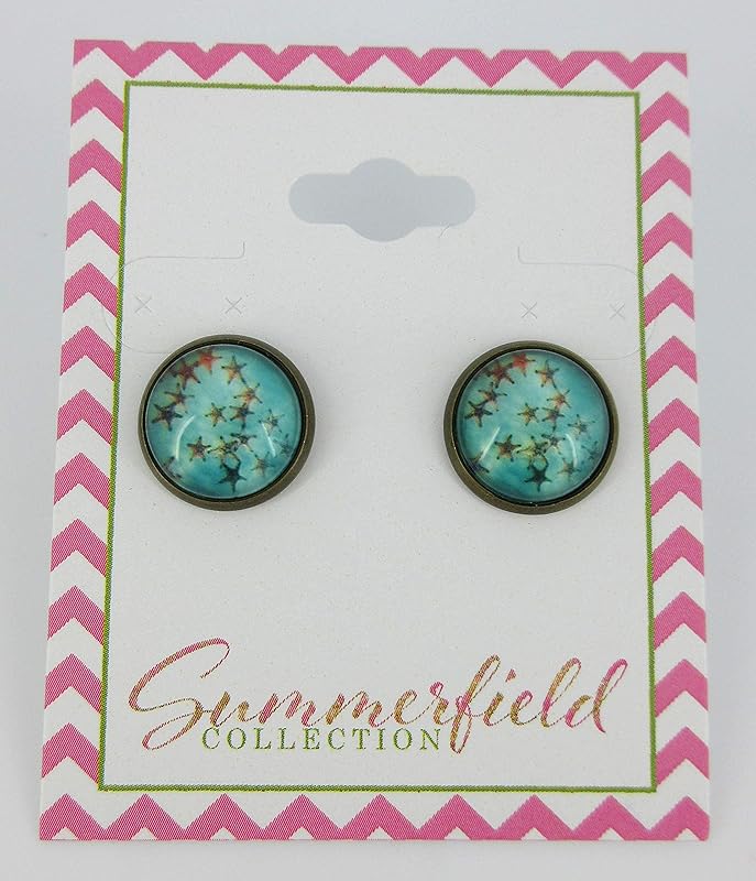 Summerfield Collection Antiqued Gold-tone Sea and Starfish Print Glass Stud Earrings 12mm