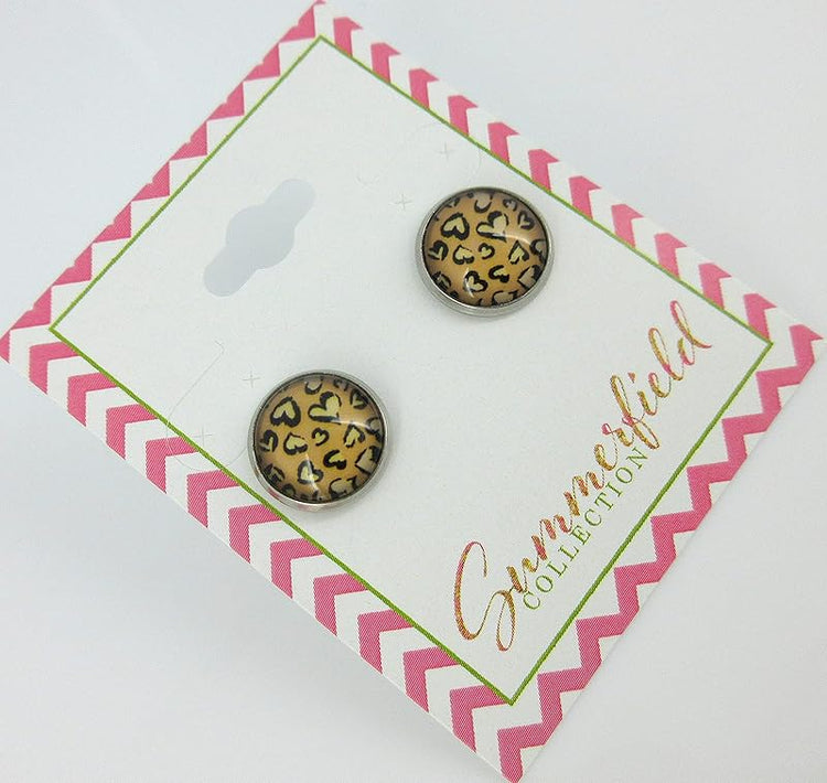 Summerfield Collection Stainless Steel Heart Cheetah Animal Print Glass Stud Earrings 12mm Black Brown
