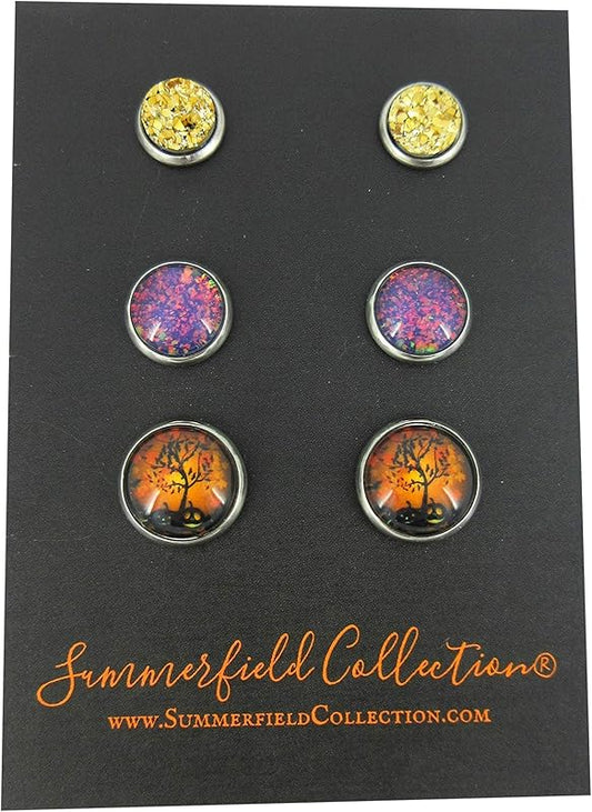 Summerfield Collection Stainless Steel Halloween Trio Stud Earrings Set Faux Druzy Glass
