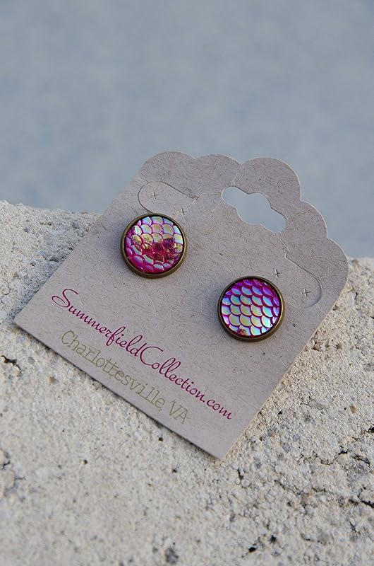 Summerfield Collection Antiqued Gold-tone Metallic Mermaid Scale Stud Earrings 12mm (Hot Pink AB)