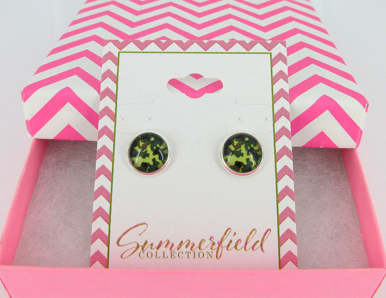 Silver-tone Green Camo Print Glass Stud Earrings 10mm
