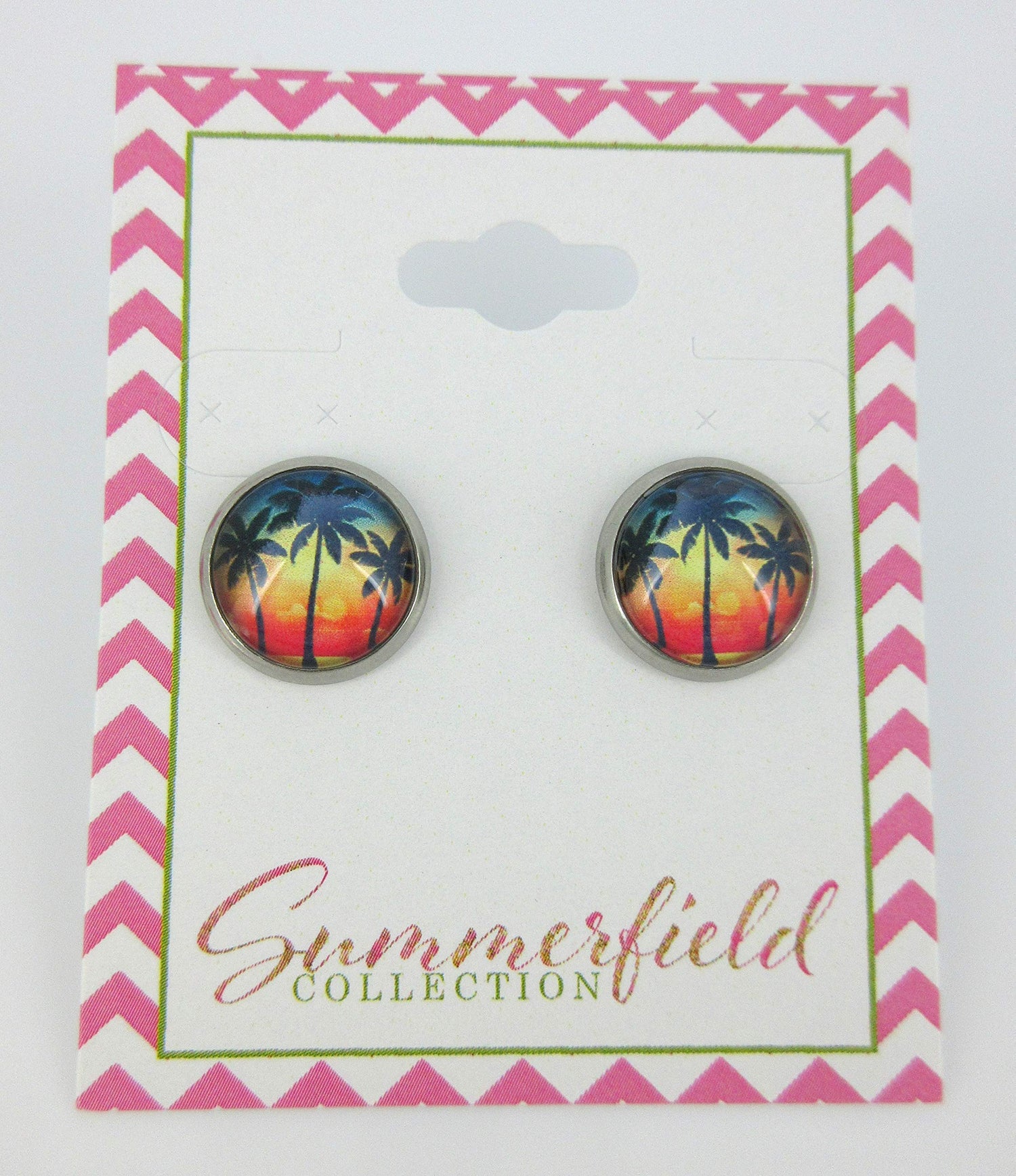 Stainless Steel Tropical Sunset Palm Tree Print Glass Stud Earrings 12mm