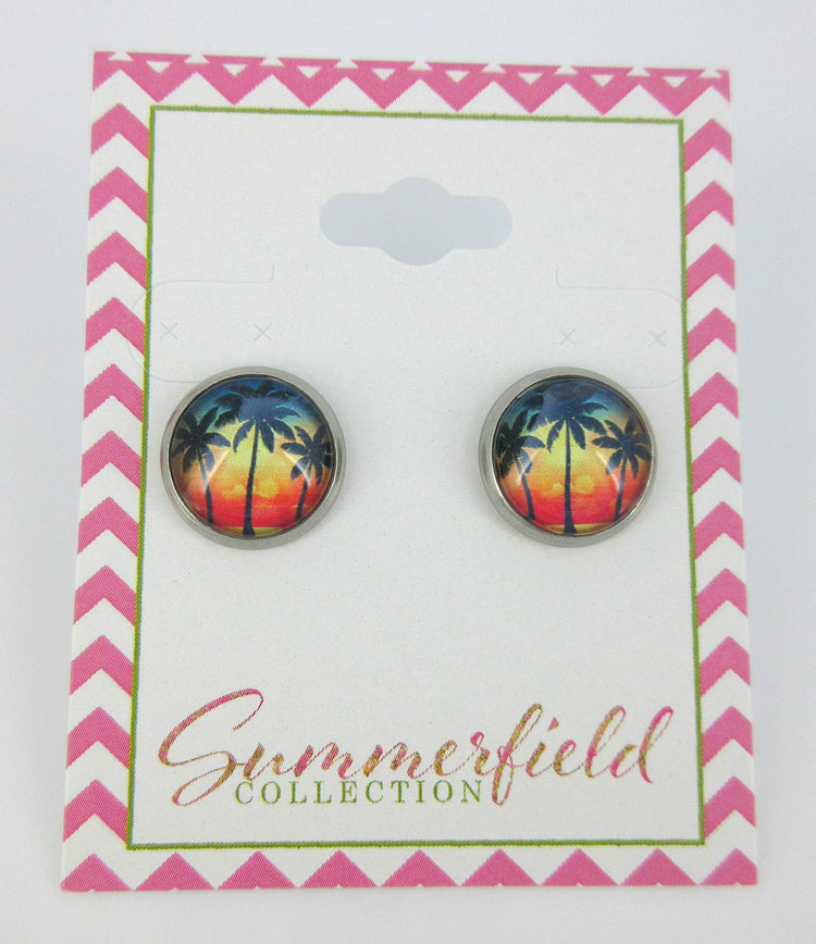 Stainless Steel Tropical Sunset Palm Tree Print Glass Stud Earrings 12mm