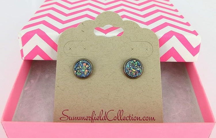 Summerfield Collection Hematite-tone Faux Druzy Stone Stud Earrings 8mm (Gray Blue AB)