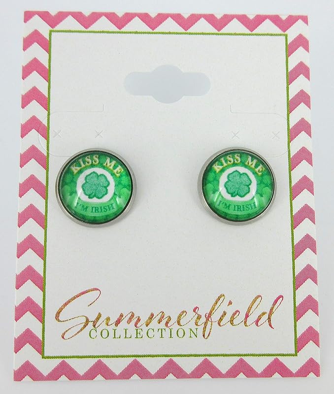 Summerfield Collection Stainless Steel Kiss Me I'm Irish Print Glass Stud Earrings 12mm