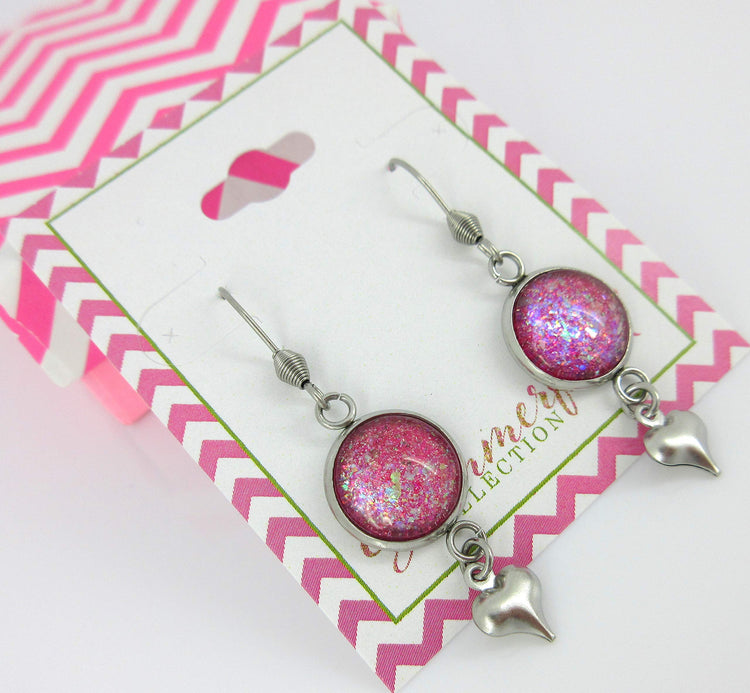 Stainless Steel Pink and Iridescent Glitter Flake Glass Heart Charm Dangle Earrings