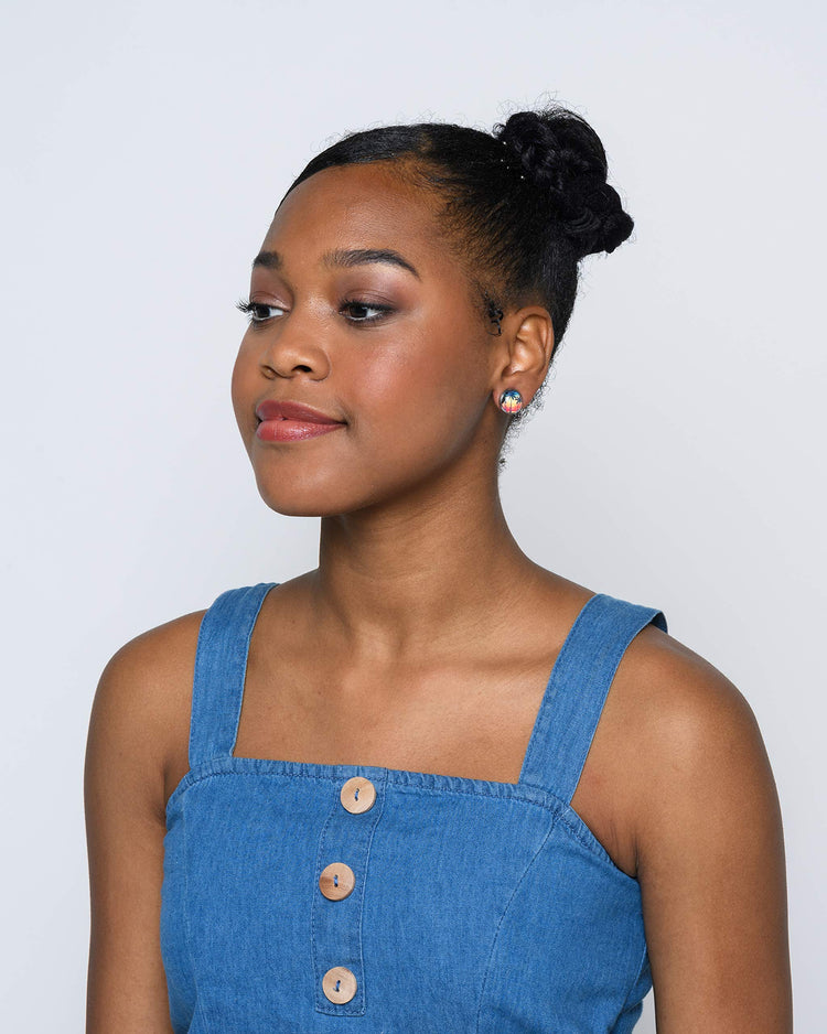 Stainless Steel Tropical Sunset Palm Tree Print Glass Stud Earrings 12mm