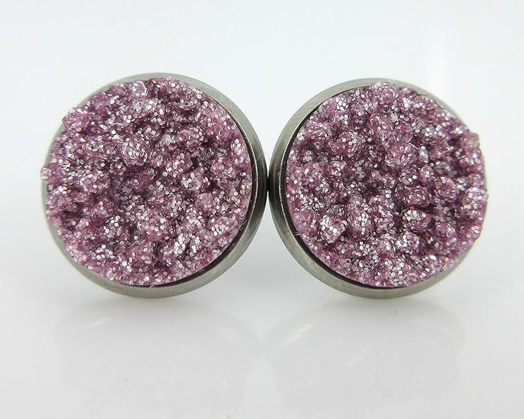 Summerfield Collection Duo Stainless Steel Glitter Faux Druzy Stone Stud Earrings Set (Lilac Purple/Aqua Blue) 12mm