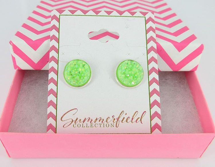 Summerfield Collection Silver-tone Pastel AB Faux Druzy Stone Stud Earrings 12mm (Lime Green)