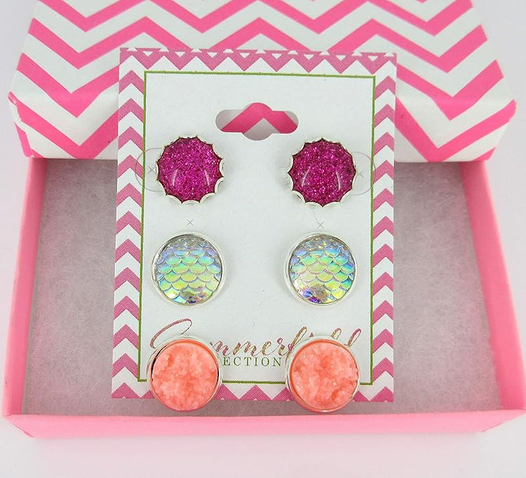 Summerfield Collection Trio Silver-tone Stud Earrings Pink Faux Druzy Stone AB Mermaid Scale Glitter Resin Set 12mm