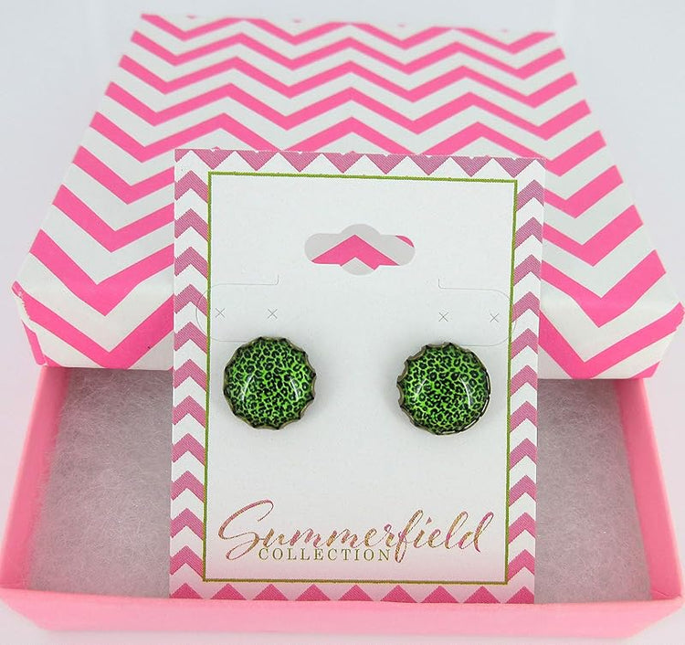 Summerfield Collection Antiqued Gold-tone Animal Print Glass Stud Earrings 12mm (Bright Green)