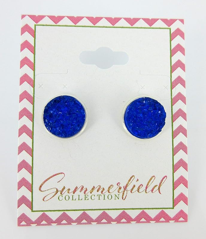 Summerfield Collection Silver-tone Faux Druzy Stone Stud Earrings 12mm (Deep Royal Blue)