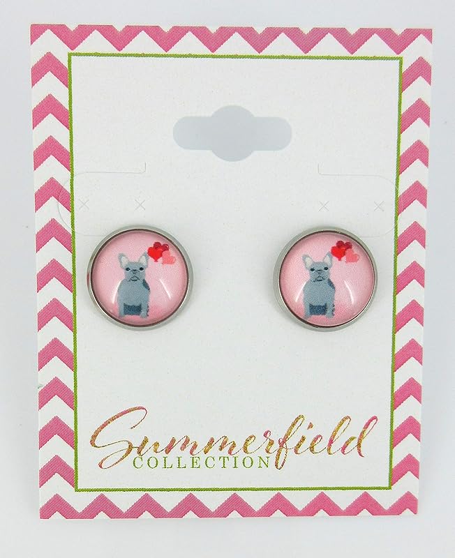 Summerfield Collection Stainless Steel Pink Gray French Bulldog Hearts Print Glass Stud Earrings 12mm