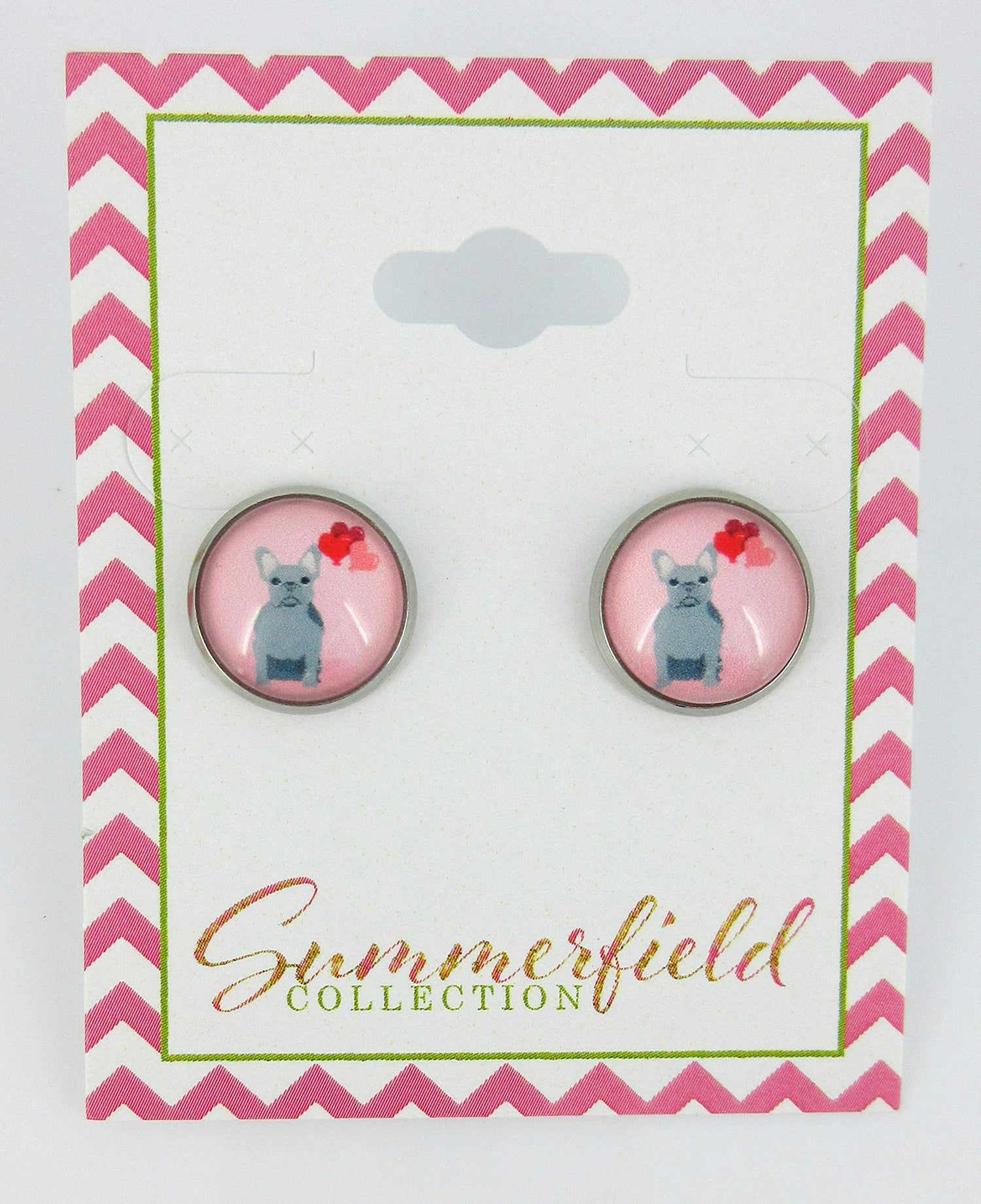 Stainless Steel Pink Gray French Bulldog Hearts Print Glass Stud Earrings 12mm