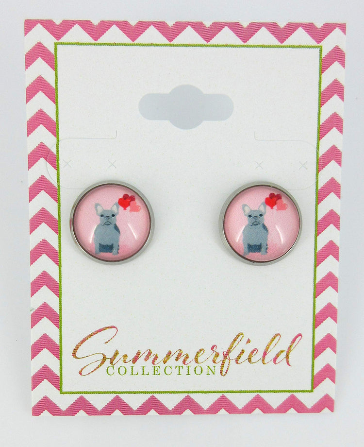 Stainless Steel Pink Gray French Bulldog Hearts Print Glass Stud Earrings 12mm