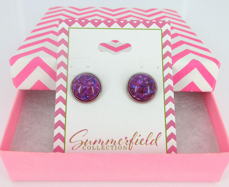 Stainless Steel Magenta Purple Faux Shell Stud Earrings 12mm