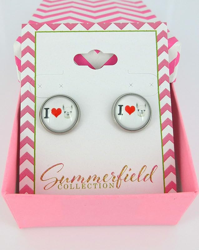 Summerfield Collection Stainless Steel Llama Print Glass Stud Earrings 12mm (I Heart Llama)