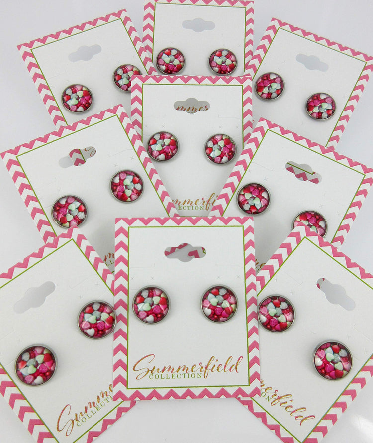 Stainless Steel Heart Print Glass Stud Earrings 12mm