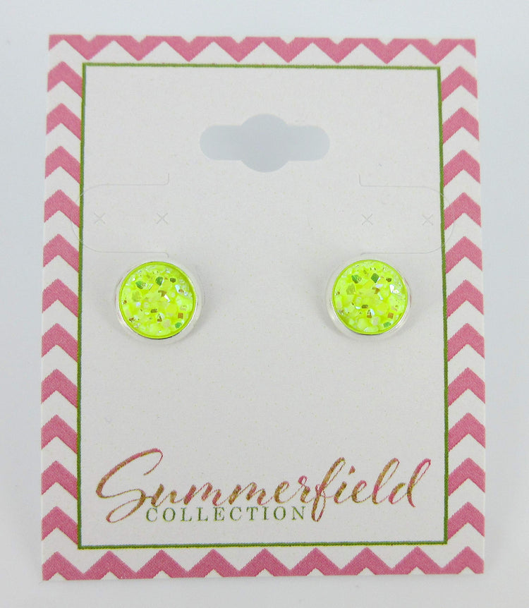 Silver-tone Neon Yellow AB Faux Druzy Stone Stud Earrings