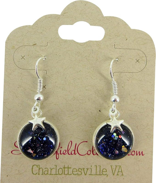 Summerfield Collection Silver-tone Star Gazer Glitter Glass Charm Galaxy Dangle Earrings Hand-painted